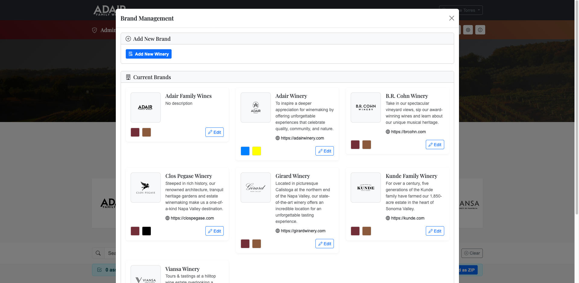 Brand management panel showing multiple winery brands with logos and descriptions