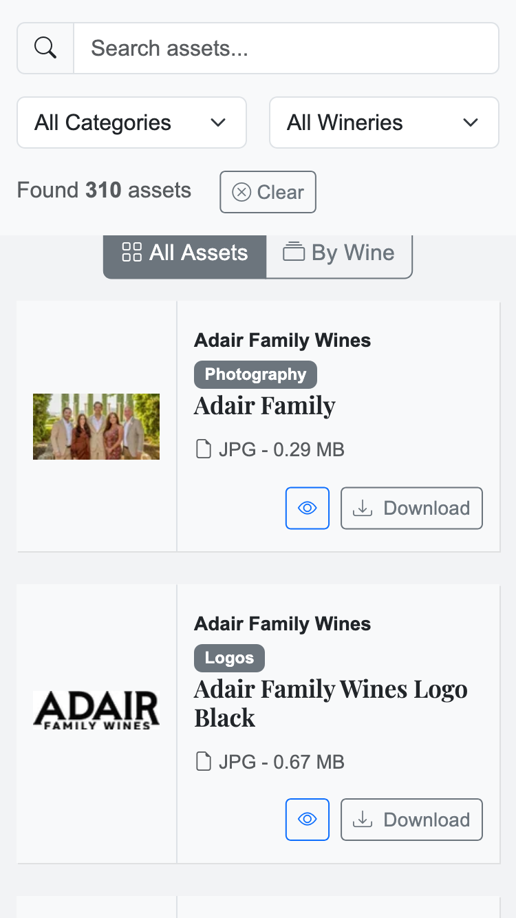 TradePourtal mobile view showing search, filters, and asset cards