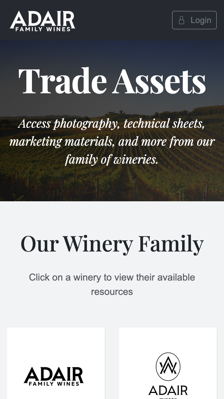 TradePourtal mobile view showing branded portal with brand logos