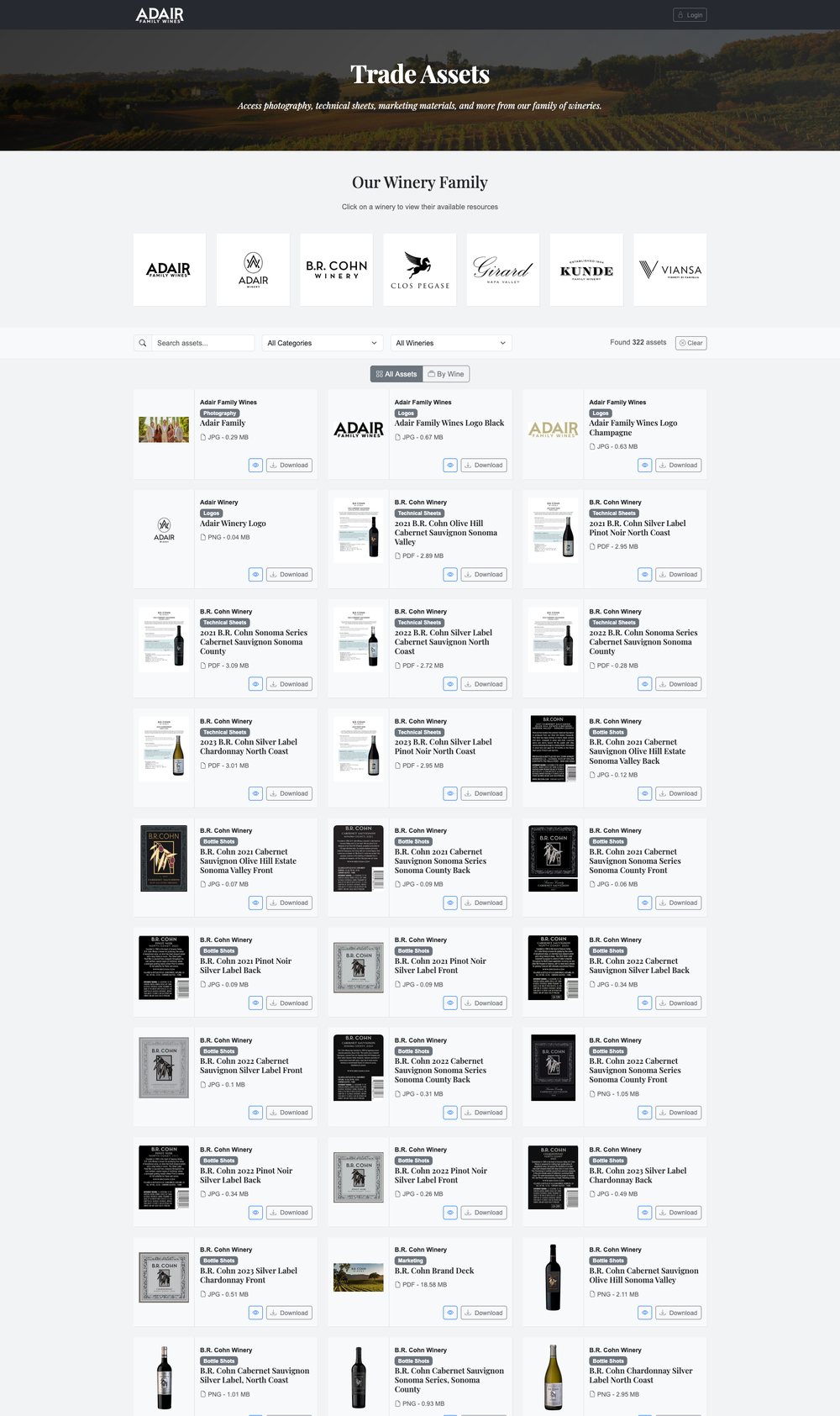A branded TradePourtal portal showing brand logos and a searchable library of trade assets