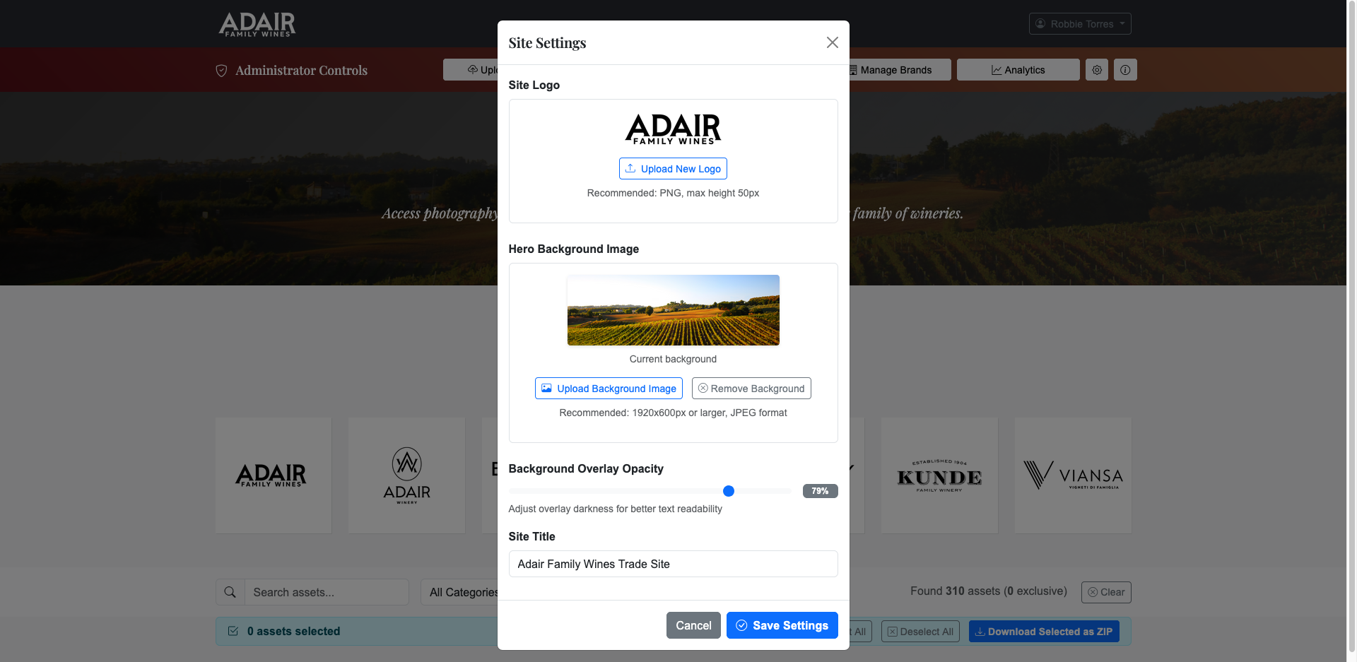 Site settings modal with logo upload, hero background image, overlay opacity, and site title