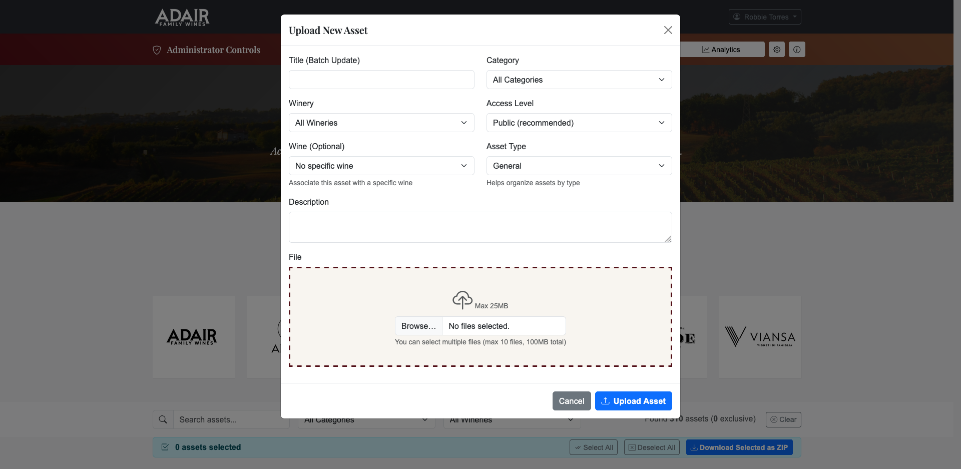 Upload modal with category, winery, access level, and file upload