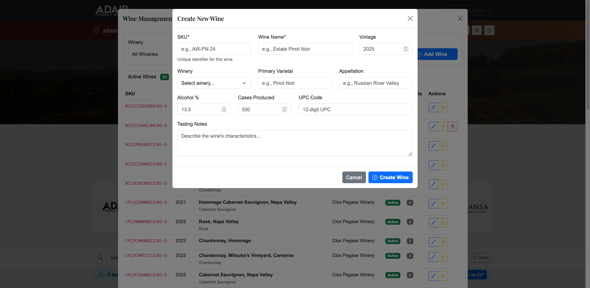 Wine management table with create wine modal showing SKU, vintage, varietal, and tasting notes